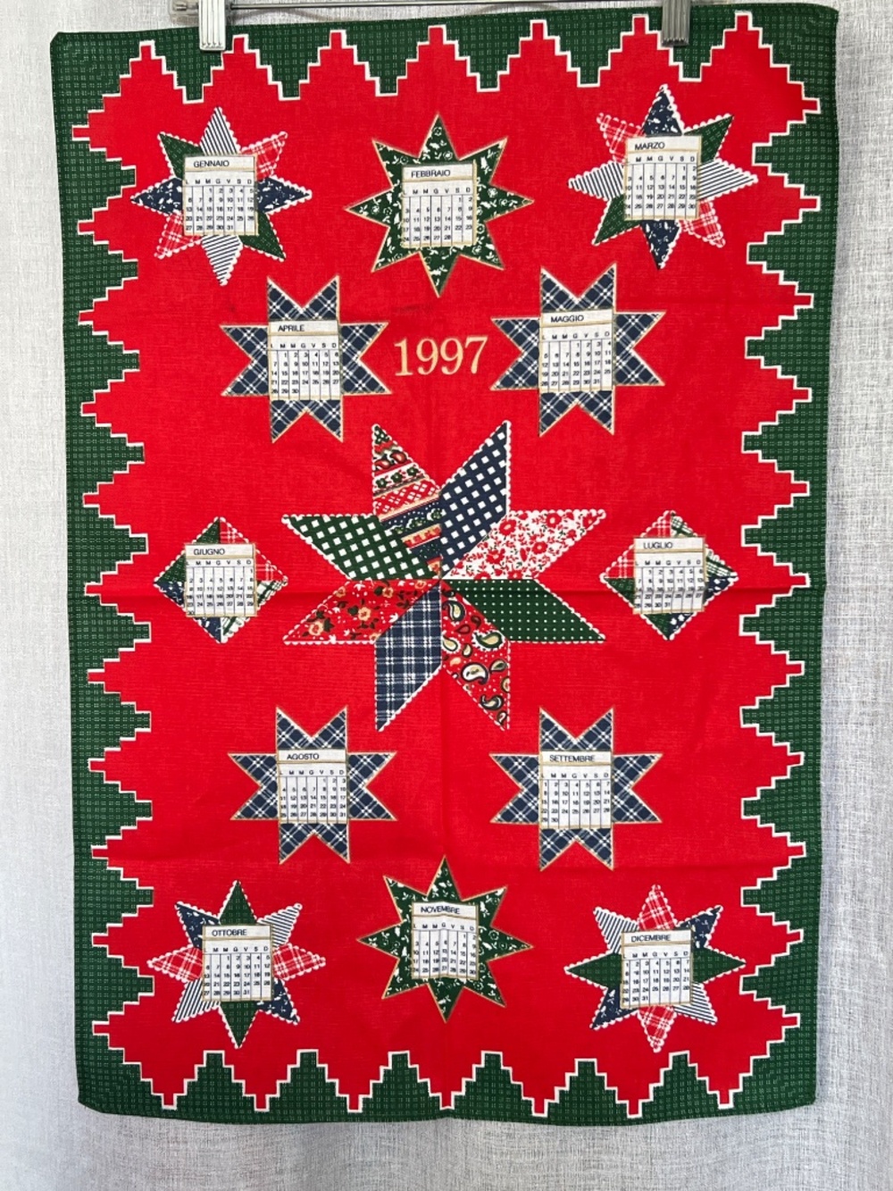 90's Christmas Tea Towel Calendar 19" x 28" Patchwork Look Stars Red Green